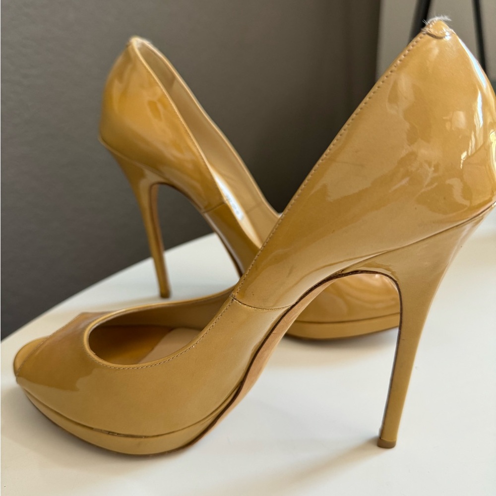 Jimmy Choo Peep Toe Stilettos, Tan Patent Leather, size 9 (39.5)